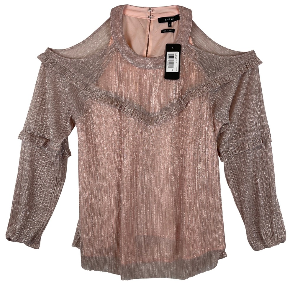 Miss Me Womens Pink Metallic Cold Shoulder‎ Ruffle Blouse MMT0777L Large NWT